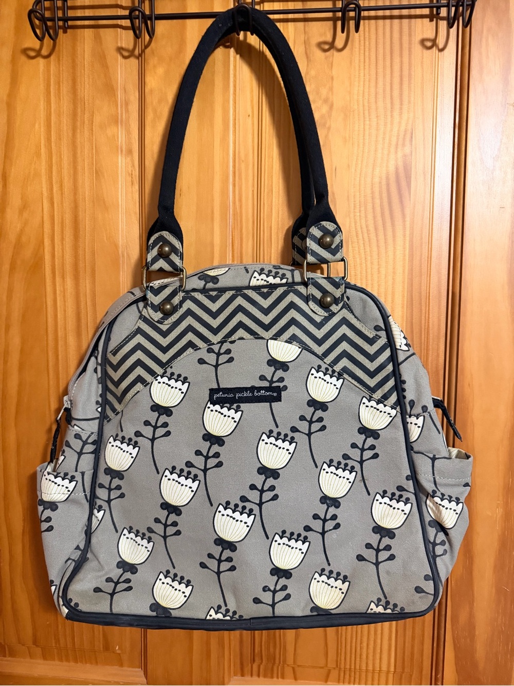 Petunia Pickle Bottom Gray Floral Tote with Black Handles